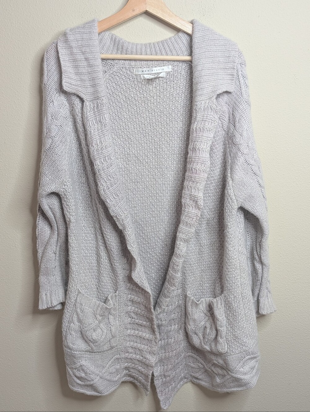 Max Studio‎ Luxury Alpaca Cardigan Open Front Cable Knit Sweater Duster XL Light